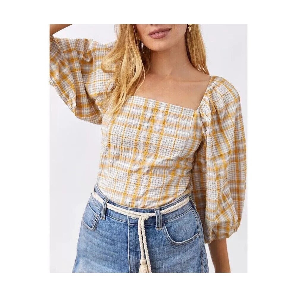 EUC Womens Maeve Anthropologie Square Neck Plaid Blouse puff‎ sleeve size M